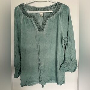 Spense Coastal Grandma Linen Blend Tunic Top - Sage Green & Crochet
